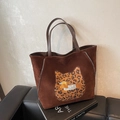 Borsa tote in camoscio marrone con toppa gatto leopardo e ricamo cane dei cartoni animati - caffè