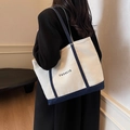 Large beige and navy contrast canvas tote bag with lettering for daily commute - Off-white