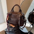 Retro dark brown Boston handbag in glossy oil wax finish with woven strap detail - Coffee (With Pendant)