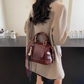 Vintage burgundy leather boston bag with detachable strap and colorful tassel charm - Wine Red (With Pendant)