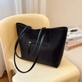 Minimalist black large capacity tote bag with double shoulder straps in black PU leather - Black