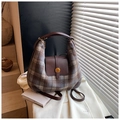 Borsa hobo vintage a quadri marroni con finiture in pelle e fibbia logo N - Quadri Caffè