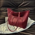 Deep red large tote bag in premium faux leather with front zipper pocket and long straps - Burgundy