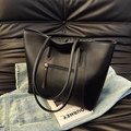 Large black leather tote bag with double shoulder straps and front zipper pocket - Black