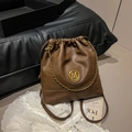 Retro dark brown leather drawstring bucket bag with gold M logo and chain strap - No Pendant / Khaki