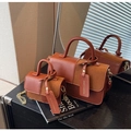 Brown leather and suede patchwork handbag set with gold chain and top handle - Brown Large