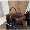 Brown patchwork retro shoulder bag set with stylish handle and gold chain strap - Coffee Large