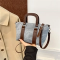 Retro grey-blue denim texture pillow bag with brown leather trim and silver hardware - Blue Without Charm