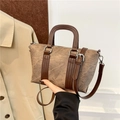 Vintage tan satchel bag with distressed texture and dark brown leather top handles - Coffee No Charm