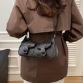 Black matte leather shoulder bag with vintage silver buckles on double front pockets - Black