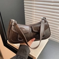 Deep brown vintage Y2K baguette bag with double front pockets and silver buckles - Brown