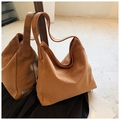 Brown faux suede hobo tote bag with a minimalist large capacity shoulder design - Brown