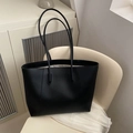 Minimalist large capacity black leather tote bag with long straps for daily commuting - Black
