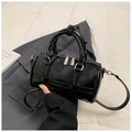 Chic black patent leather mini bowling bag with silver hardware on grey suit background - Black without Pendant