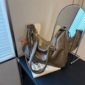 Vintage dark brown faux leather large capacity tote bag with bear charm detail - With Pendant / Khaki
