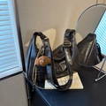 Dark coffee brown oversized shoulder bag in oil wax leather with cute plush dog charm - With Pendant / Black