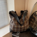 Large vintage plaid tote bag with brown checkered fabric and black leather straps - Coffee