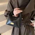 Chic black hobo bag with gold hardware held by a model in a trendy autumn outfit - Black