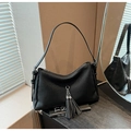 Chic black pleated hobo bag for women with silver metal chain tassel detail - Black