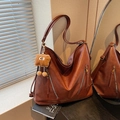 Vintage brown large capacity PU leather tote bag with functional zippers and plush charm - Brown