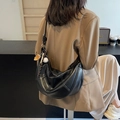 Retro black leather hobo bag with contrast stitching and baseball charm for women - Black with Pendant