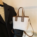 Faux shearling bucket bag in cream white and brown leather trim with gold rivets - Beige No Pendant