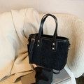 Black lamb wool bucket bag with gold studs and leather handles for women - Black without Pendant