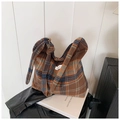 Retro plaid tote bag with orange and blue checks and decorative knotted shoulder strap - Brown Plaid
