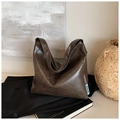 Dark brown faux leather tote bag with vintage texture and large capacity design - Brown
