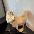 Khaki faux fur crescent shoulder bag with wide strap and cute monster plush pendant - With Charm / Khaki