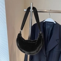 Deep brown faux fur crescent shoulder bag with smooth texture and sleek black strap - No Pendant / Black