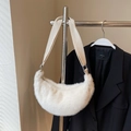Chic beige plush crescent crossbody bag with adjustable canvas strap for women - No Pendant / Off White