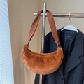 Caramel faux fur half-moon hobo bag with thick fabric strap and silver hardware - No Pendant / Brown