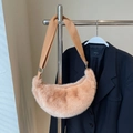 Faux fur crescent shoulder bag in light camel with adjustable wide canvas strap - No Pendant / Apricot