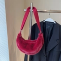 Magenta faux fur crescent shoulder bag with wide strap and fluffy texture for women - No Pendant / Burgundy