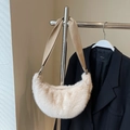 Beige faux fur crescent crossbody bag with adjustable wide fabric shoulder strap - No Pendant / Khaki