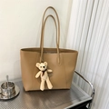 Large khaki faux leather tote bag with a cute plush bear pendant for daily commute - With Charm / Khaki