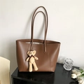 Large brown leather tote bag with long straps and a cute teddy bear charm - With Charm / Brown