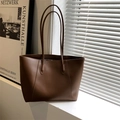Minimalist deep brown leather tote bag with slim shoulder straps for daily commute - No Pendant / Brown