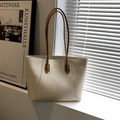 Minimalist cream white tote bag with brown handles, spacious faux leather shoulder bag - No Pendant / White