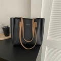Black large capacity leather tote bag with brown straps and white AIBEIDA lettering - Black without Pendant