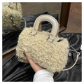 Beige faux shearling box crossbody bag with top handle and silver metal hardware - Khaki