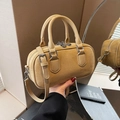 Mustard yellow suede boston bag with leather trim and detachable shoulder strap - Khaki