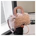 Pink plush faux fur crossbody box bag with matching leather handles and strap - Pink