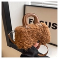 Brown faux shearling bucket bag with leather handles and detachable shoulder strap - Camel