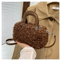 Brown fleece mini Boston handbag with adjustable crossbody strap and silver hardware - Brown