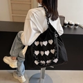 Großer schwarzer Segeltuch-Shopper mit Herzmuster und geflochtenen Seilgriffen für Damen - Schwarz