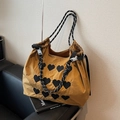 Ginger yellow nylon tote bag with black heart embroidery and woven shoulder strap - Yellow Brown