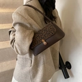 Vintage leopard print shoulder bag in dark brown leather with golden metallic buckle - Coffee/Leopard