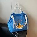 Blaue Nylon-Tragetasche mit niedlicher Katzenstickerei und Kordelzug mit dicken Griffen - Blau